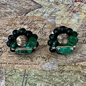 Vintage Green Beaded Clip On Earrings Made In Japan